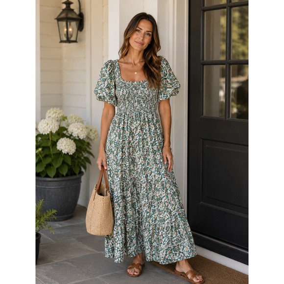 Anna Cate Dresses & Skirts - Tuckernuck Anna Cate Floral Smocked Maxi Dress Womens Small Puff Sleeve Cotton